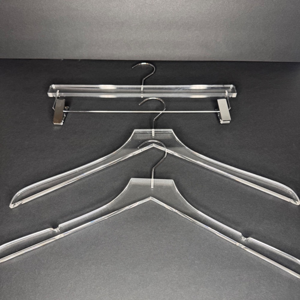 Set of 3 Clear Acrylic Hangers Chrome Hook Heavy Duty Lucite Style